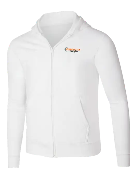 White 8.5 oz Ring Spun Zip Hooded Sweatshirt w/Conductix Logo