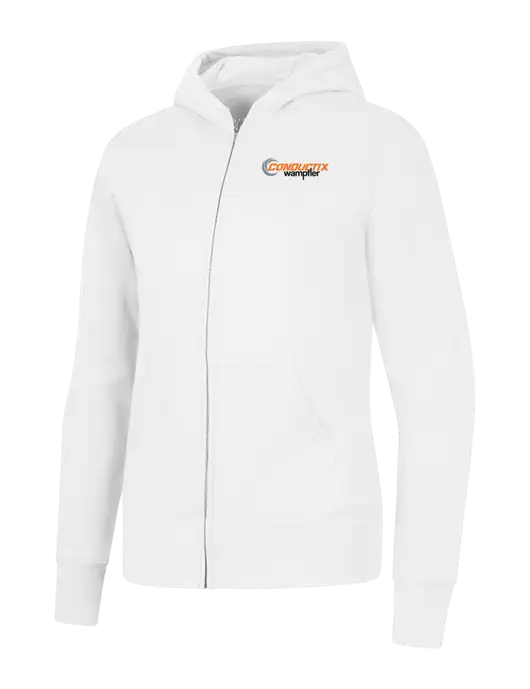 White Womens Core Fleece Full-Zip Hooded Sweatshirt w/Conductix Logo